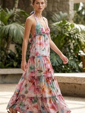 Watercolor Floral Halter Tiered Maxi Dress - Pink Multi